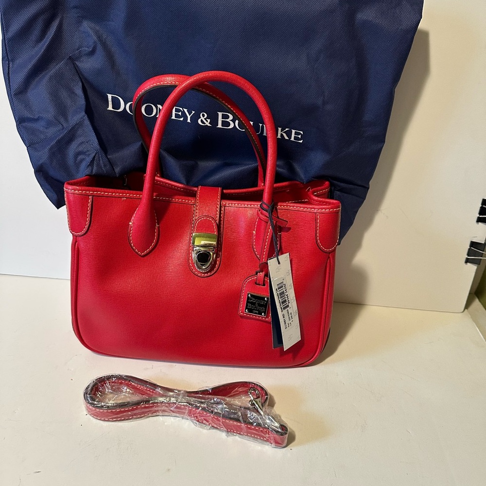 Dooney & Bourke Red Satchel with Structured Design and Metal Hardware
